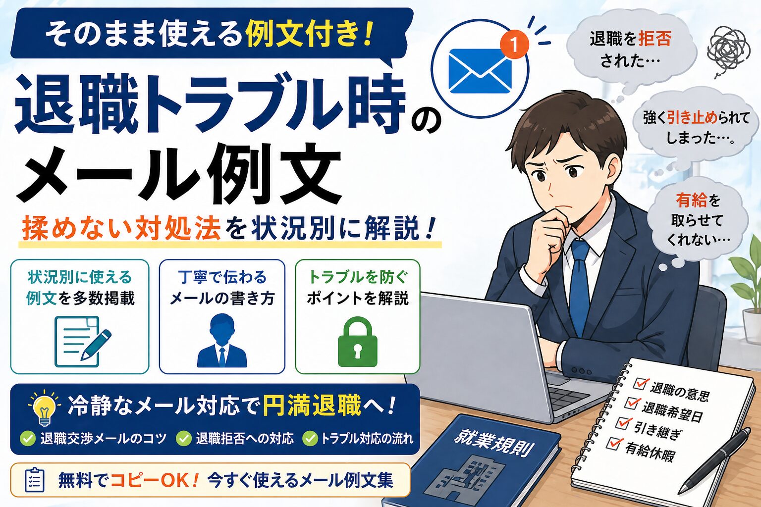 退職トラブル時のメール例文|揉めない対処法