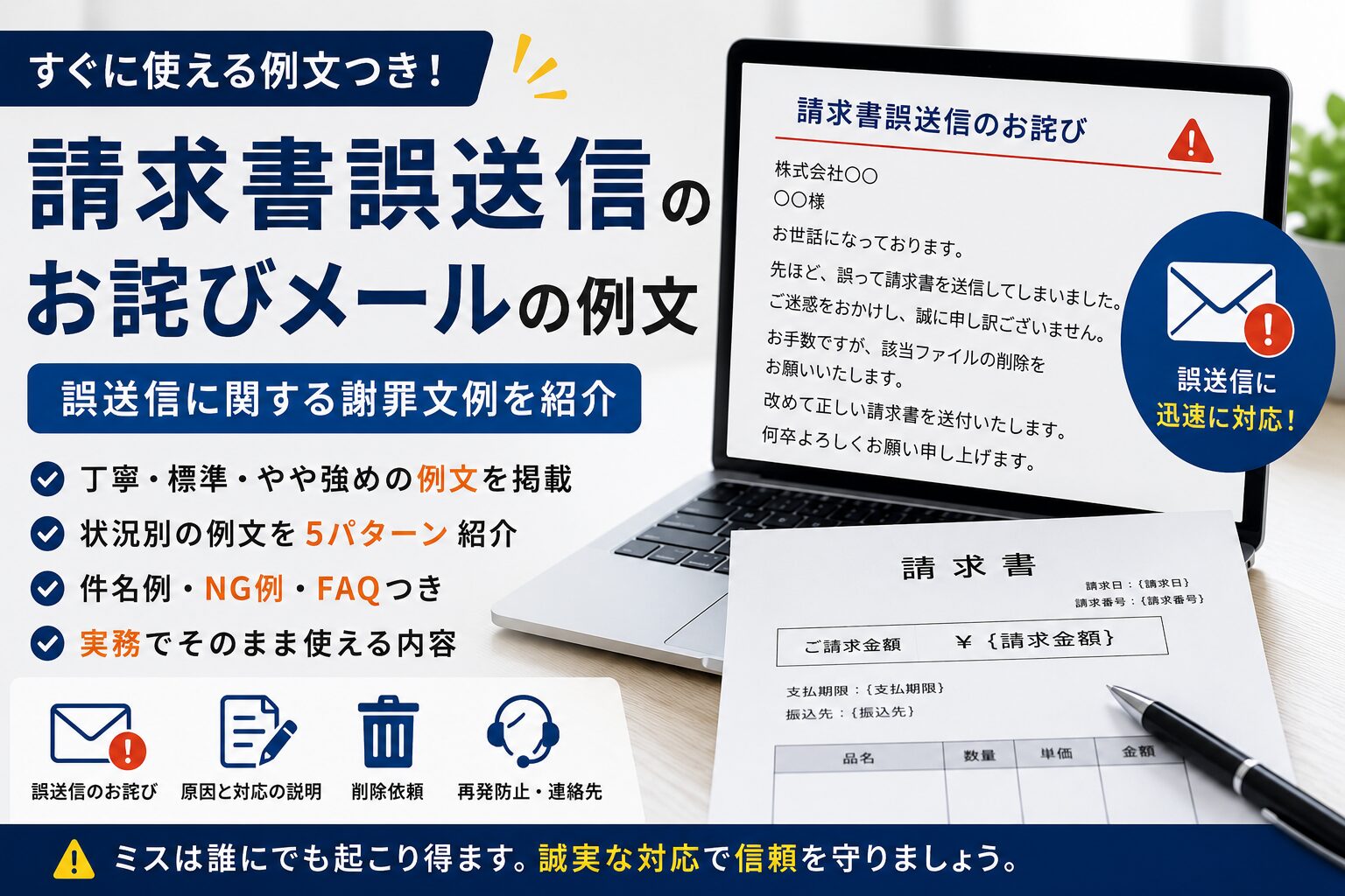 請求書誤送信のお詫びメールの例文