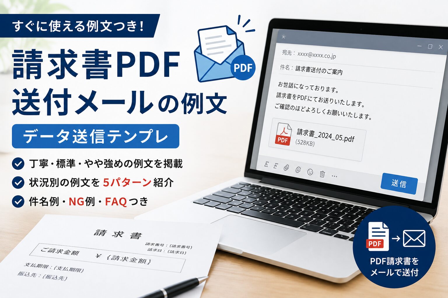 請求書PDF送付メールの例文｜データ送信テンプレ